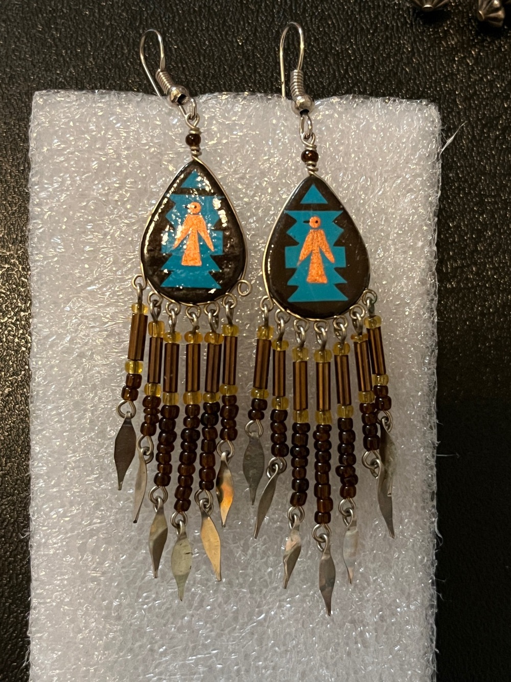 Turquoise and Orange Teardrop Fringe Earrings. Hand-painted teardrop dangle